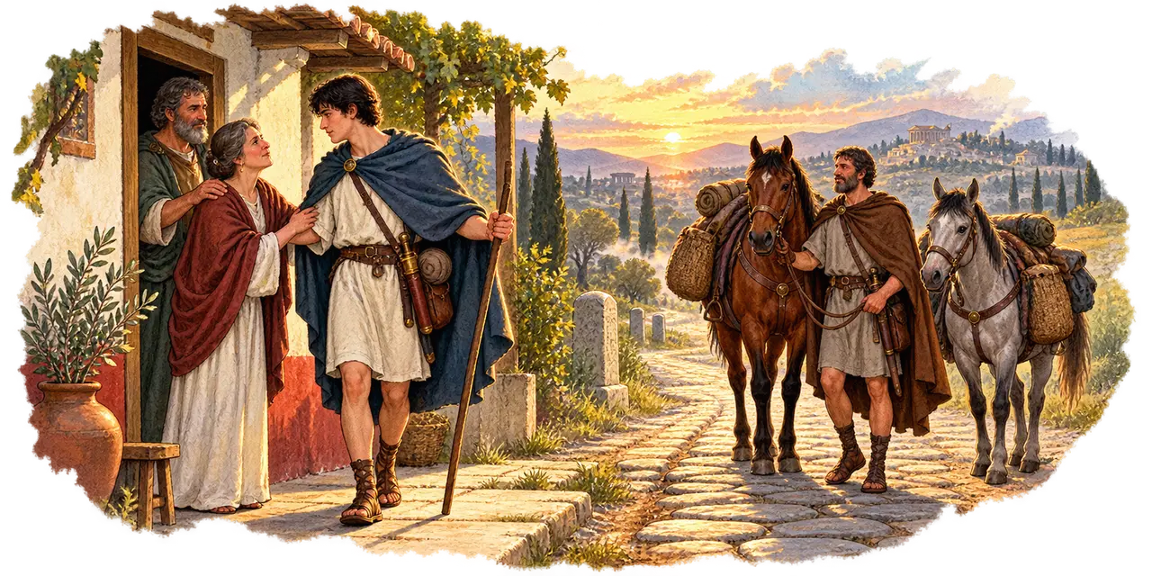 At dawn Titus leaves home; his parents stand at the threshold while Lucius waits by the road with the horses.