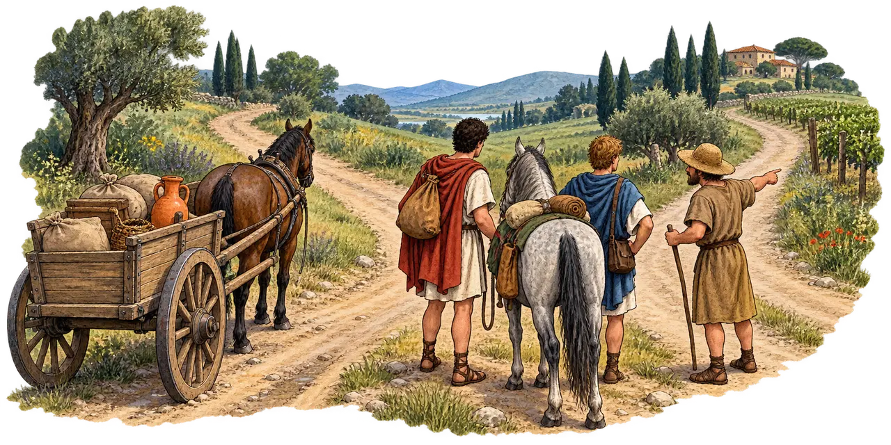 Titus and Lucius pause with their horses at a rural fork beside a traveller's cart.