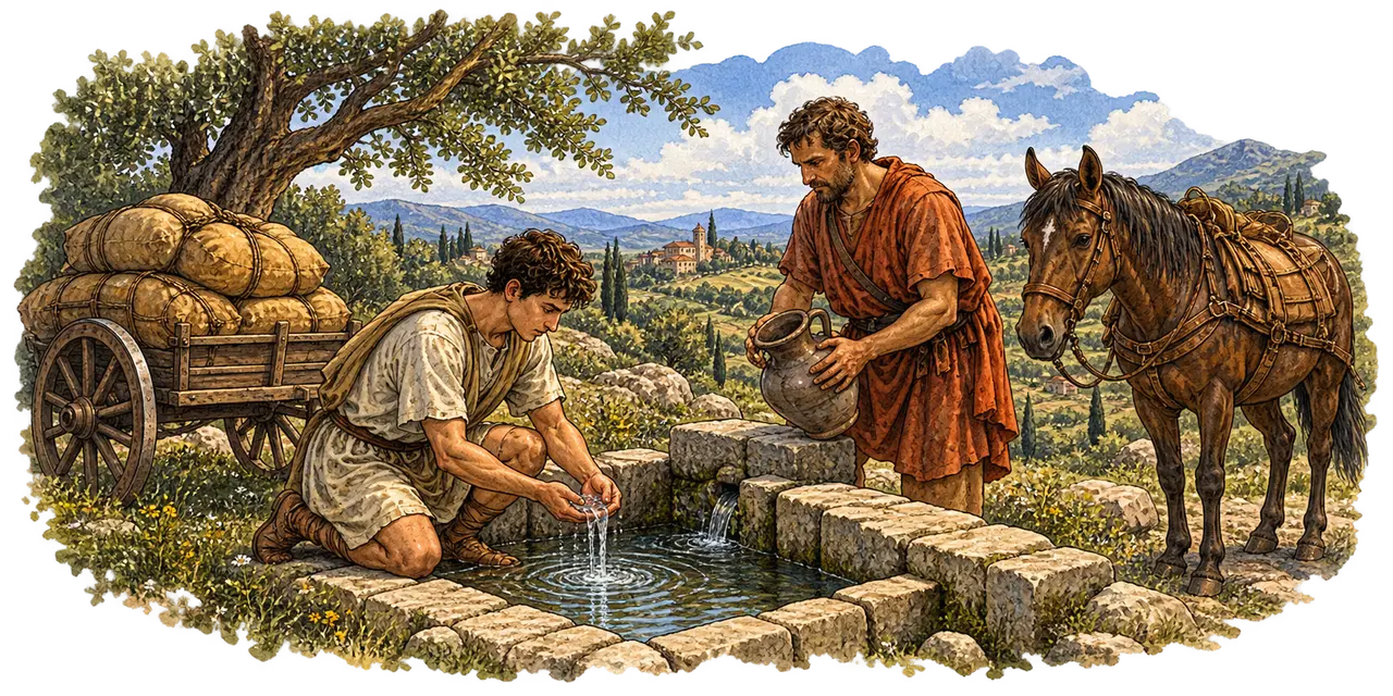 Titus and Lucius stop at a rural water source beside a horse, cart, and grain sacks.
