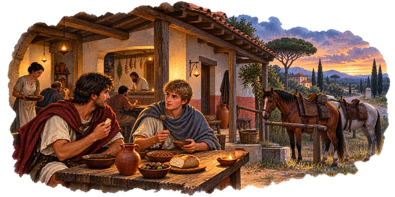 At evening travellers and horses stop at a modest roadside caupona.