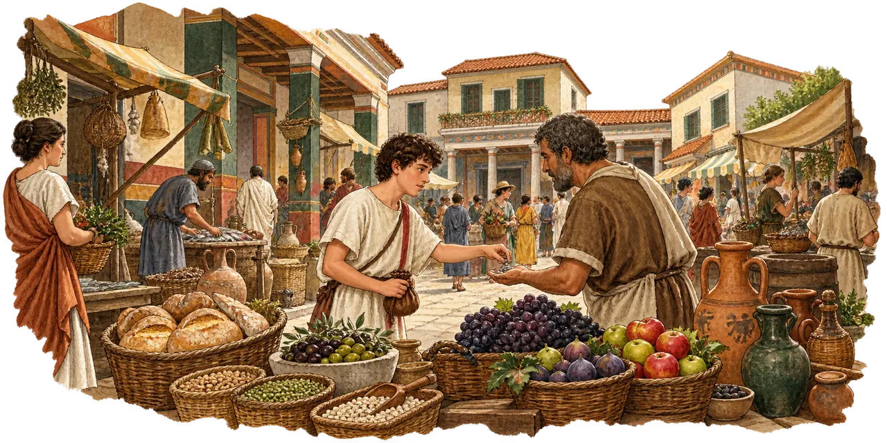 Titus pays a market seller among baskets of everyday produce.