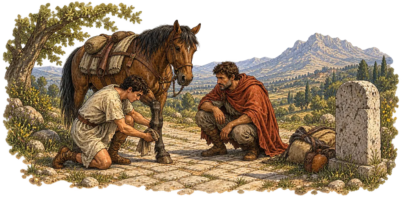 Titus and Lucius inspect a pack horse's leg beside the road, with baggage nearby.