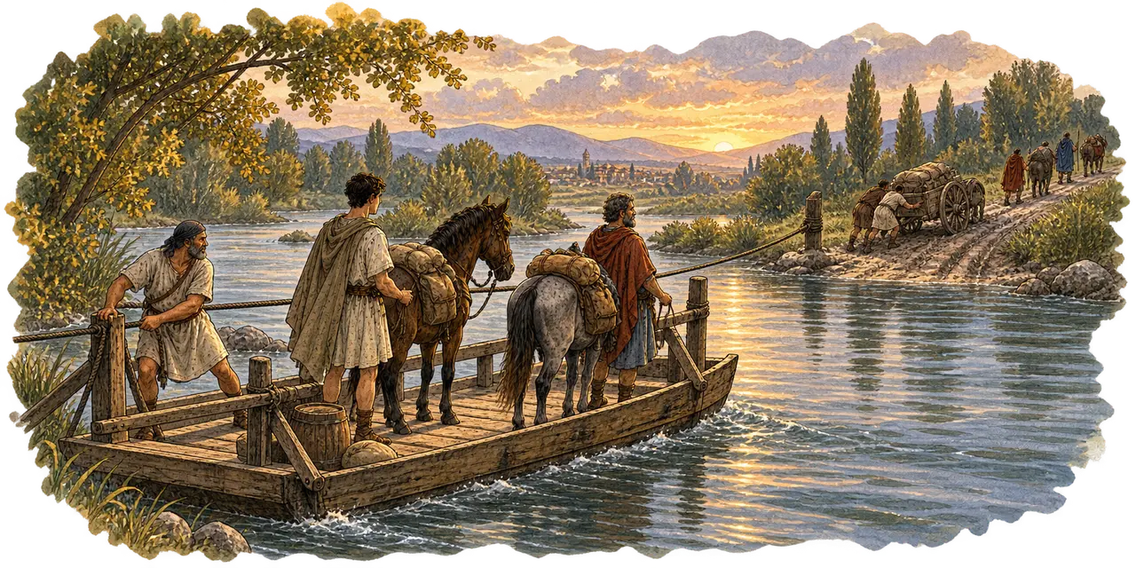 Titus and Lucius cross a broad river with their pack horses on a cable ferry.