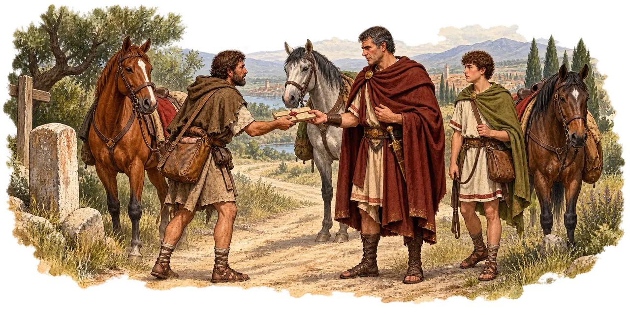 A dusty dismounted courier hands sealed wax tablets to Lucius beside the road.