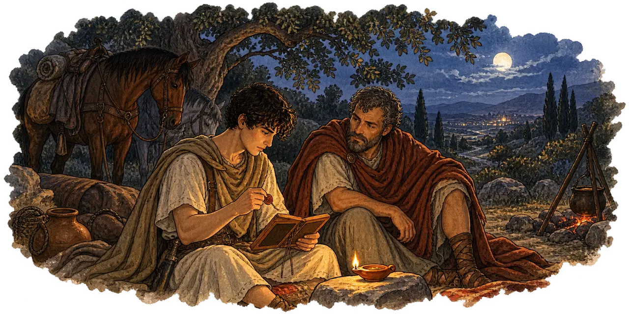 At night Titus and Lucius break a seal and read wax tablets by an oil lamp.