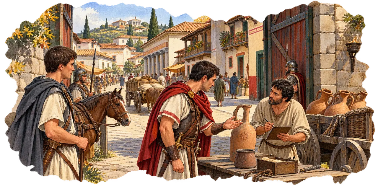 At the gate of a painted late-Republic town Titus questions a clerk counting amphorae.