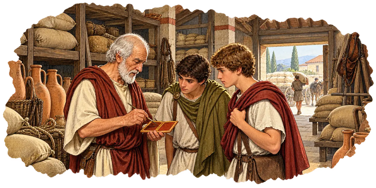 An elderly merchant shows Titus and Lucius a wax inventory tablet in his warehouse.