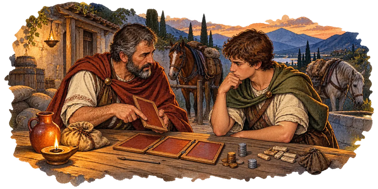 At evening Lucius and Titus discuss commercial evidence over wax tablets and coins.