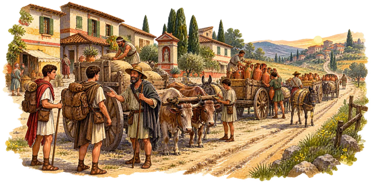 Titus and Lucius join a five-cart commercial caravan beside a painted settlement.