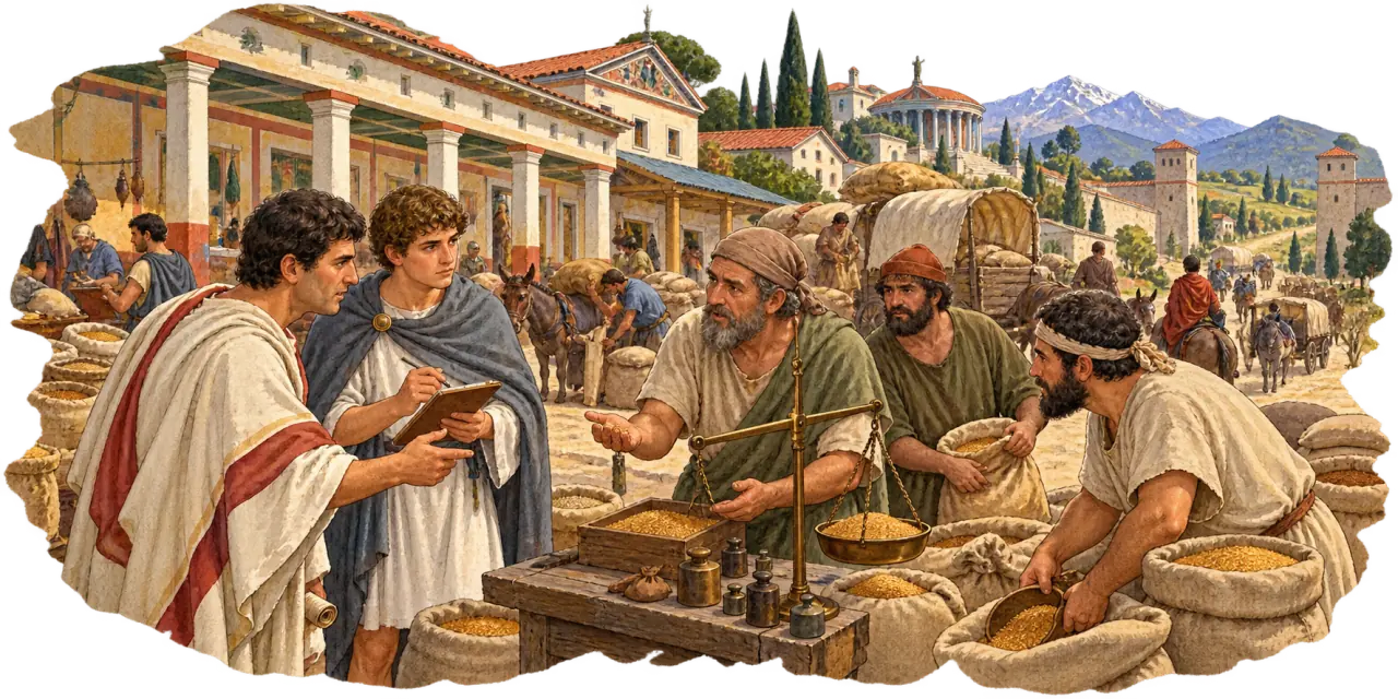 Titus and Lucius compare grain reports from three merchants in a painted town market.