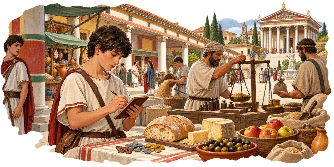 Titus records and compares market prices on a wax tablet among food and grain stalls.